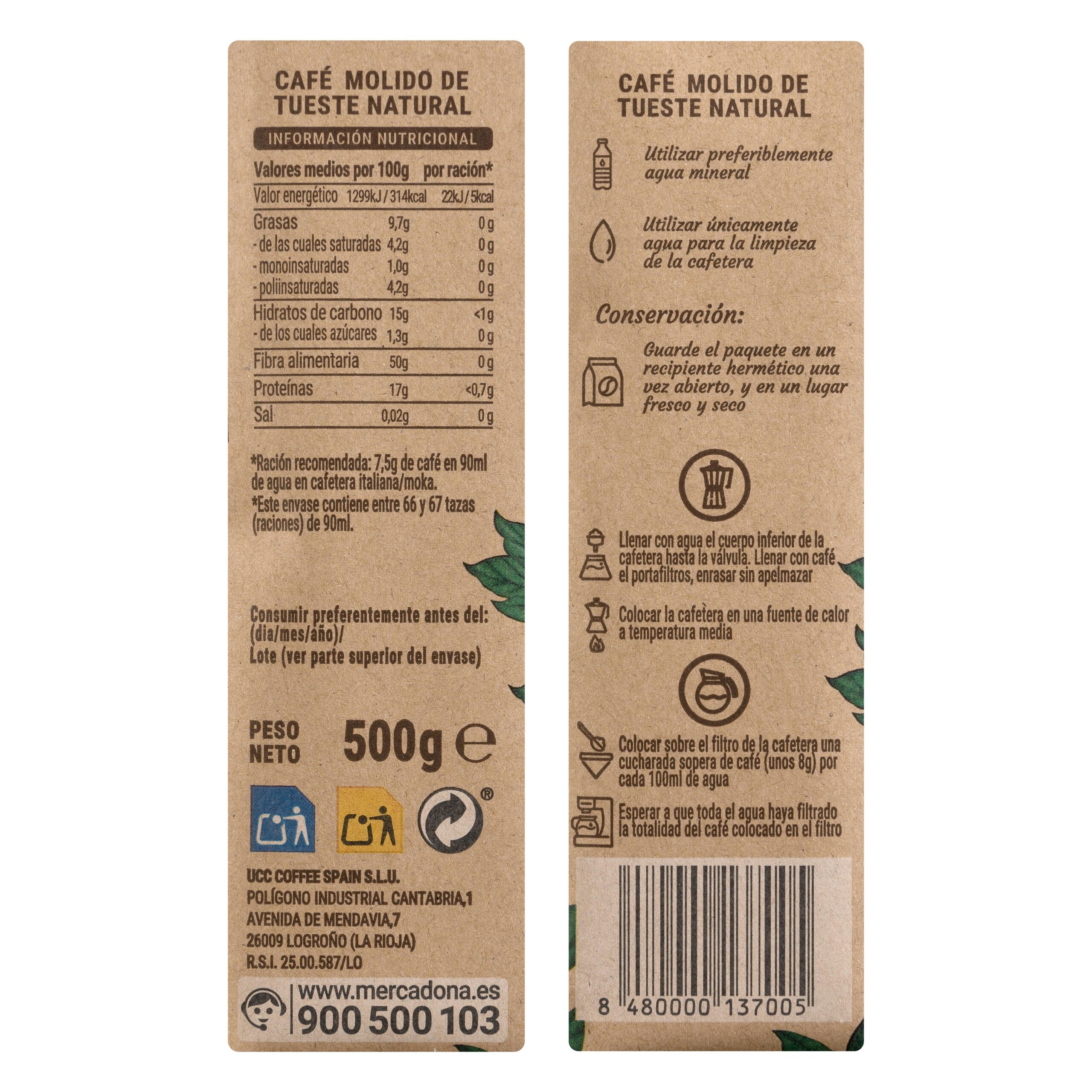 Etiqueta Café molido natural fuerte Hacendado