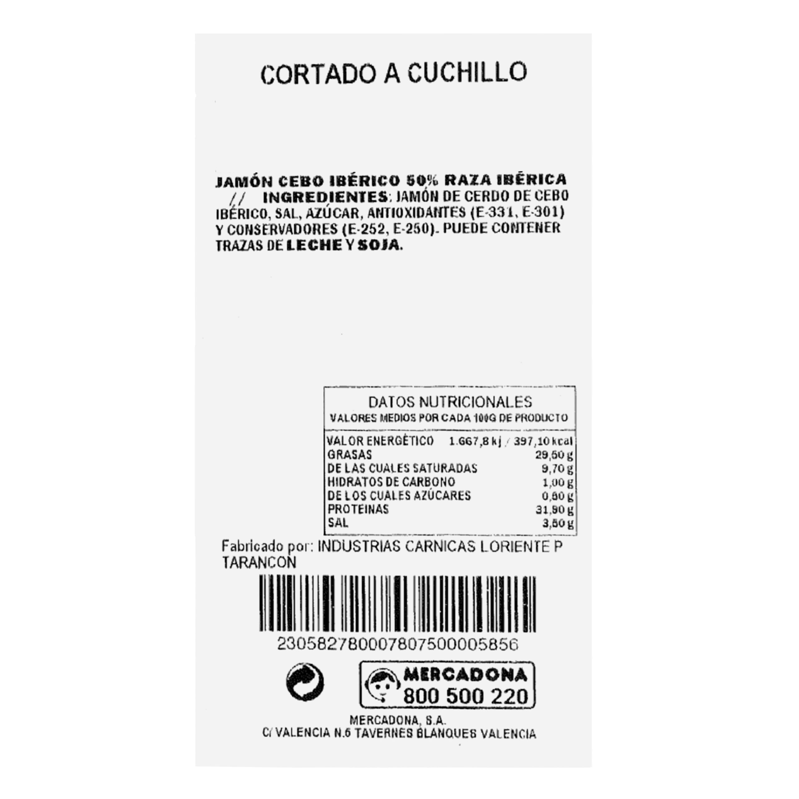 Etiqueta Jamón cebo ibérico cortado a cuchillo envasado al vacío