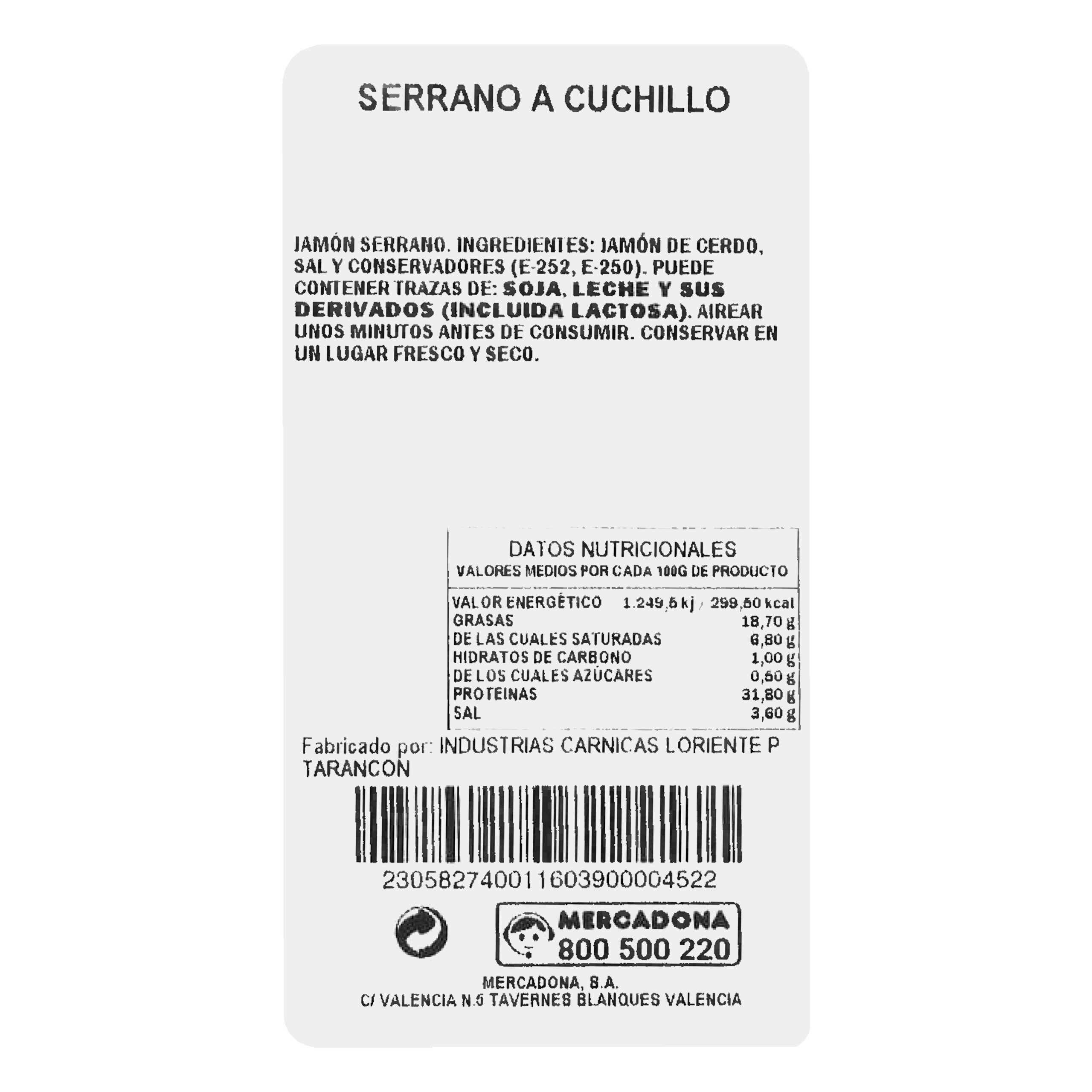 Etiqueta Jamón serrano reserva cortado a cuchillo envasado al vacío
