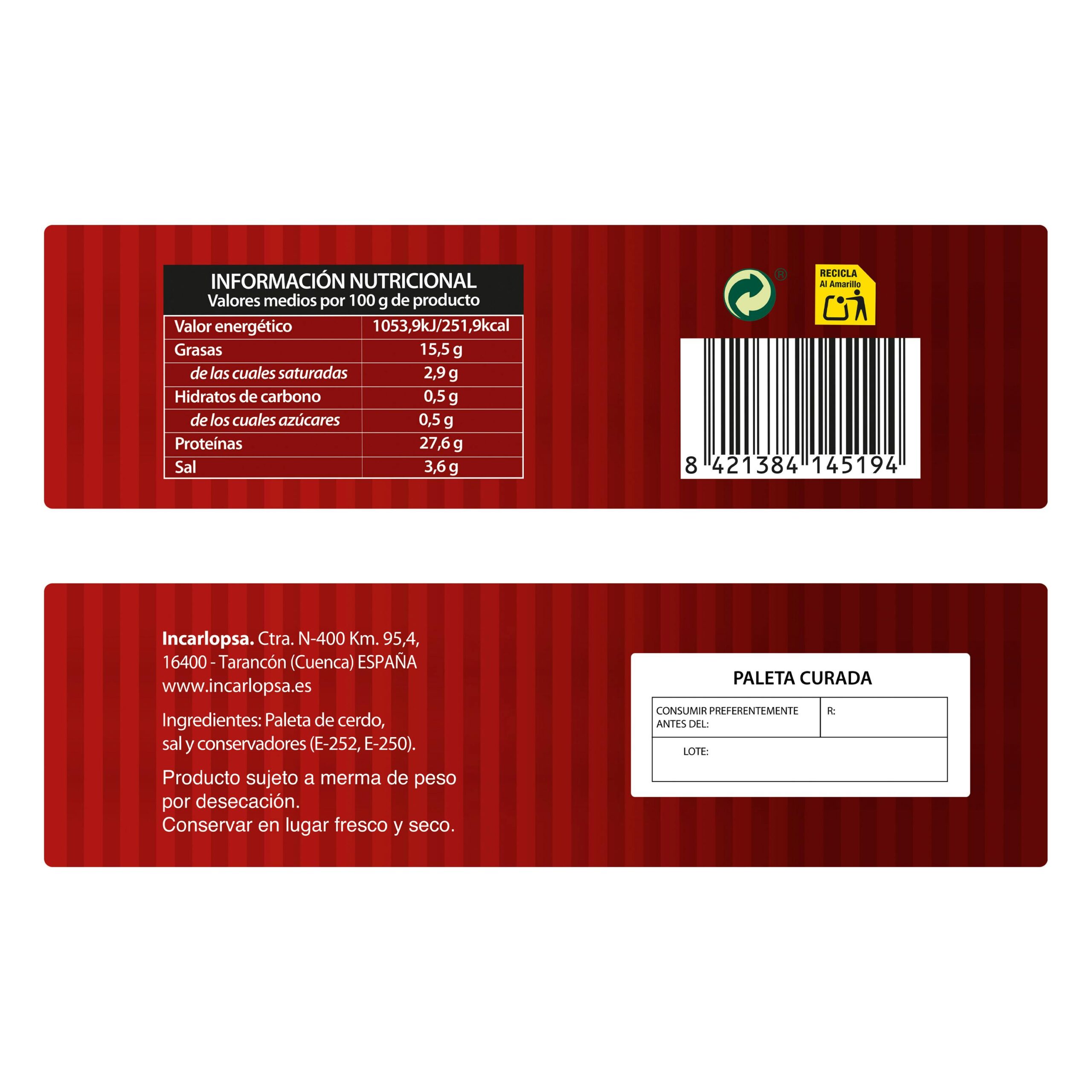 Etiqueta Paleta de cerdo curada Incarlopsa